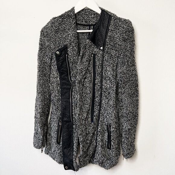 IRO Derby Boucle Knit Leather Trim Full Zip Jacket in Gris Souris - Picture 3 of 8